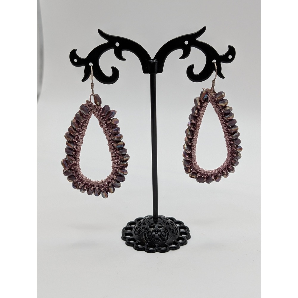 Unsigned Mauve Crochet Beaded Teardrop Hoop Earrings Iridescent Glass Boho